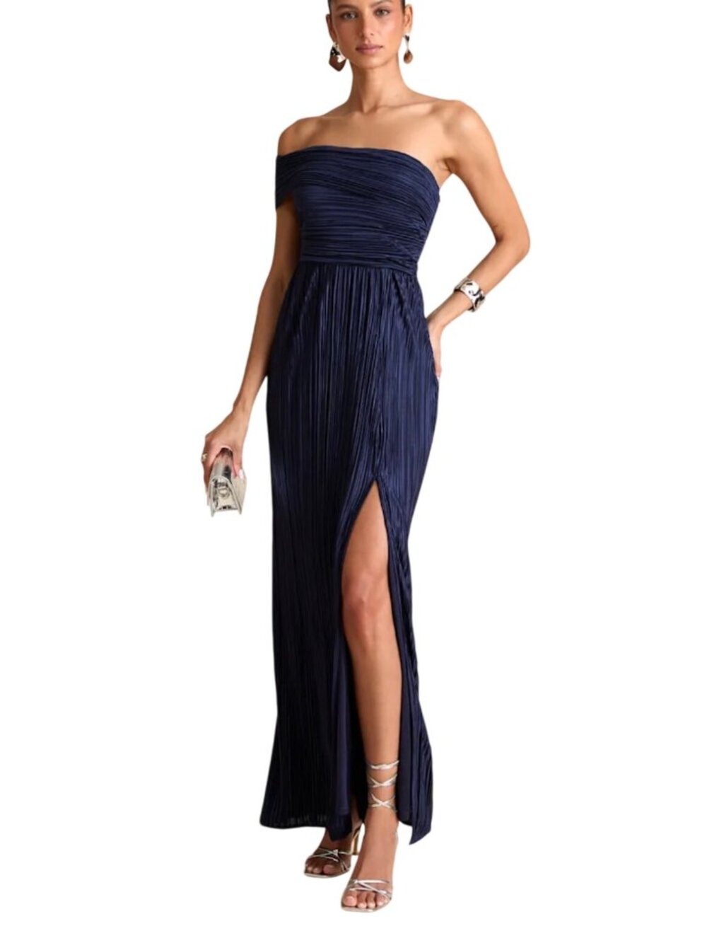 Lulus Poised Performance Navy Plisse One-Shoulder Maxi Dress Sz XL Event Formal